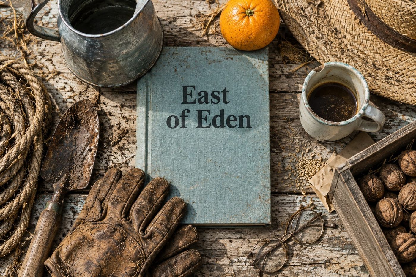 An unread copy of East of Eden in a sunny everyday scene